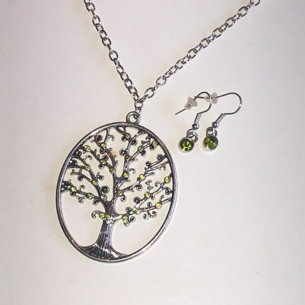 Silver Tone Tree of Life Necklace and Green CZ Earrings - Picture 3 of 4